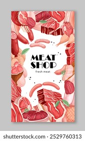 Folheto de produtos à base de carne. Produtos frescos naturais e biológicos. Carne de bovino e de suíno, salsicha e salame. Menu de café ou restaurante. Modelo e layout. Ilustração de vetor plano isolada no plano de fundo cinza