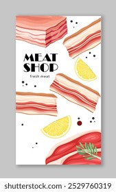 Flyer für Fleischprodukte. Natürliche und biologische Frischprodukte. Rindfleisch und Schweinefleisch, Wurst und Salami. Zutaten für Café oder Restaurant. Poster oder Banner. Flache Vektorgrafik einzeln auf grauem Hintergrund