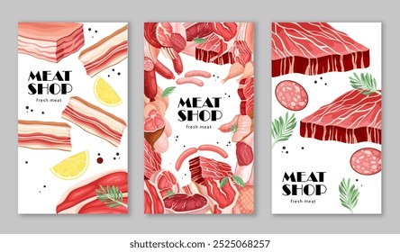 Meat products flyers set. Sauage and salami, chicken, pork and beef. Natural and organic frozen products. Cooking and food preparation. Flat vector collection isolated on grey background