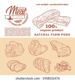 Meat products in a frame, engraved vector design. A set of pieces of fresh pork meat. A template for packaging meat products, stickers, or a flyer.