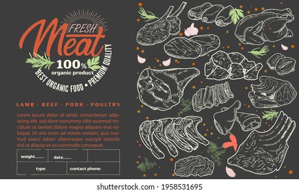 Meat Products In A Frame, Engraved Vector Design. A Set Of Pieces Of Fresh Lamb Meat. A Template For Packaging Meat Products, Stickers, Or A Flyer.