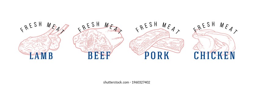 Meat products in a frame, engraved vector design. A set of pieces of fresh lamb meat. A template for packaging meat products, stickers, or a flyer.