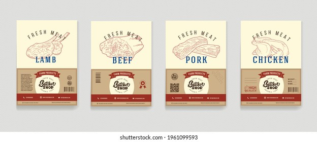 Meat products in a frame, engraved vector design. A set of pieces of fresh meat. A template for packaging meat products, stickers, or a flyer.