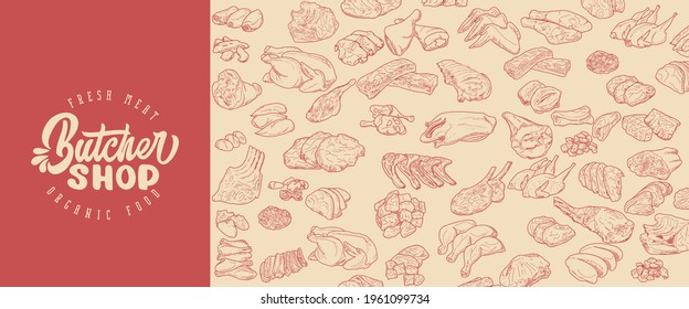 Meat products in a frame, engraved vector design. A template for packaging meat products, stickers, or a flyer.