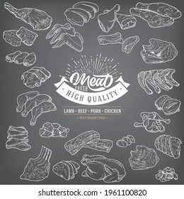 Meat products in a frame, engraved vector design. Drawing in chalk on a black chalk board.