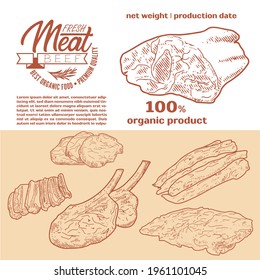 Productos cárnicos en un marco, diseño vectorial grabado. Un conjunto de trozos de carne fresca de ternera. Una plantilla para el envasado de productos cárnicos, pegatinas o un volante.