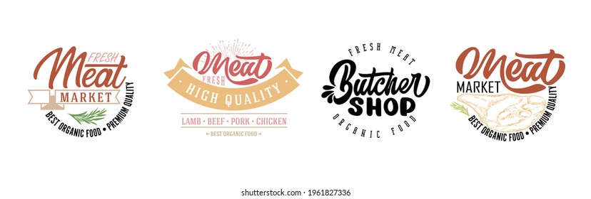 Productos cárnicos en un marco, diseño vectorial grabado. Un conjunto de trozos de carne de cordero fresca. Una plantilla para el envasado de productos cárnicos, pegatinas o un volante.