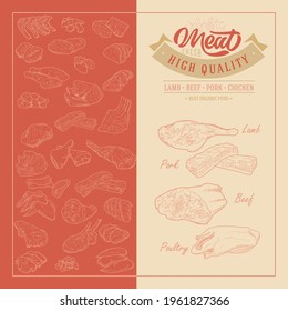 Meat products in a frame, engraved vector design. A template for packaging meat products, stickers, or a flyer.