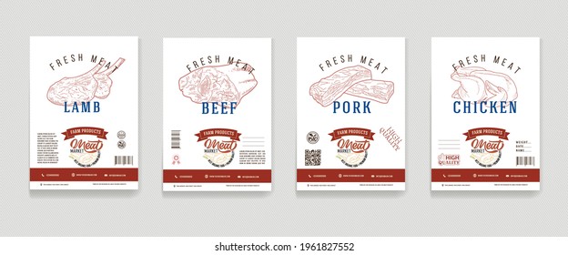 Meat products in a frame, engraved vector design. A set of pieces of fresh meat. A template for packaging meat products, stickers, or a flyer.