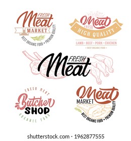 Meat products in a frame, engraved vector design. A set of pieces of fresh lamb meat. A template for packaging meat products, stickers, or a flyer.