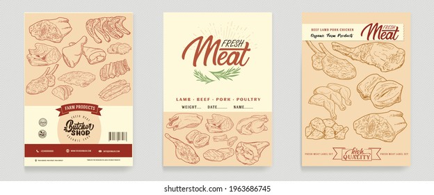 Meat products in a frame, engraved vector design. A set of pieces of fresh meat. A template for packaging meat products, stickers, or a flyer.