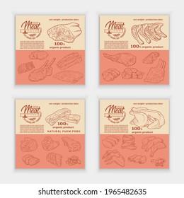 Meat products in a frame, engraved vector design. A set of pieces of fresh lamb, beef, pork, chicken meat. A template for packaging meat products, stickers, or a flyer.