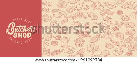 Meat products in a frame, engraved vector design. A template for packaging meat products, stickers, or a flyer.