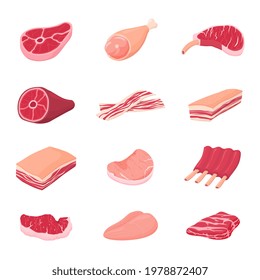 Meat products. Fresh tasty meats, isolated raw beef pork ribs. Chicken fillet, lunch dinner food. Sirloins pieces, butchery market recent vector set