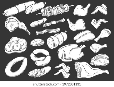 Meat products glyph white on black icons set. Chicken, sausage and other farm market barbecue products vector illustration.