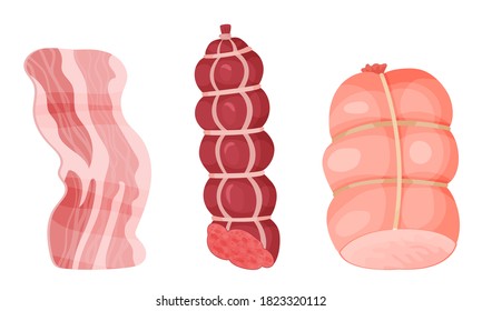 Meat Products with High-fat Bacon Slice and Sausage Vector Illustration