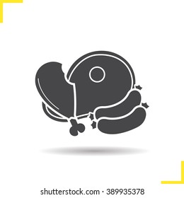 Meat products icon. Drop shadow chicken leg, sausages and beef steak silhouette symbol. Butcher's shop meat products logo concept. Vector raw meat isolated illustration