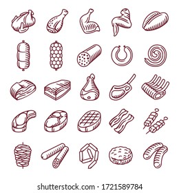 Meat products icons for butchers, restaurans, cafe, groceries. Chicken, pork, beef, lamb, sausages.