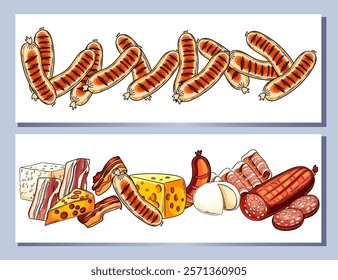 Meat products including sausages, salami, bacon, and ham arranged in rows with decorative frames. Perfect for food packaging or deli advertising. Vector illustration.