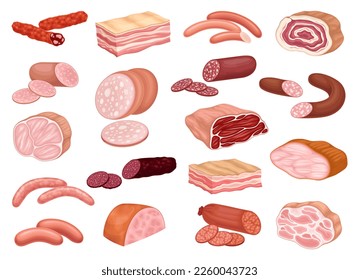 Meat Products with Lard, Wurst, Sausage, Ham and Beef Big Vector Set