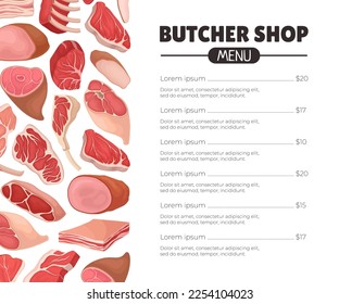 Meat Products Menu Banner Design with Beef Steak, Ham and Lard Vector Template