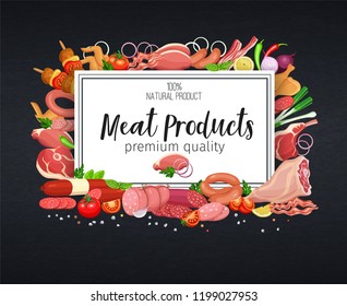 Meat Products On Chalkboard With Barbecue, Lamb, Chops, Bacon, Chorizo, Sausage, Chicken Wings And Chicken Legs. Ham Salami, Vegetables And Spices. Design Menu Meat Meal. Vector Illustration.