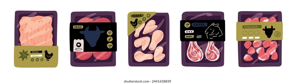 Paquetes de productos cárnicos. Sustratos de plástico con carne de cerdo picada. Alas y muslos. Bandeja con etiqueta. Medallones de ternera y piezas de cordero. Envoltura de contenedores. Envases de alimentos