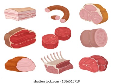 Meat products and pieces of raw meat. Vector illustration.