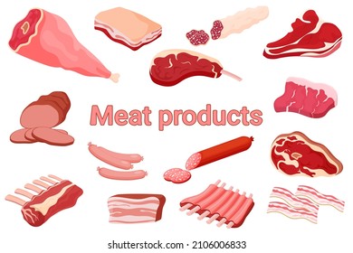 Meat products poster.A set of illustrations for a butcher shop.Beef steak, pork ham,bacon,carbonate,tenderloin, sausage, sausages, pork and beef ribs.Collection of elements for design.