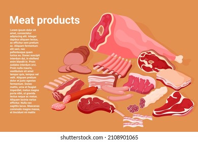 Meat products poster.A set of illustrations for a butcher shop.Beef steak, pork ham,bacon,carbonate,tenderloin, sausage, sausages, pork and beef ribs.Collection of elements for design.