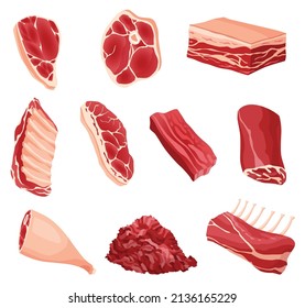 Fleischerzeugnisse und rohes Fleisch. Illustration für Konzeptprodukt des Bauernmarktes oder des Einzelhandels. Verschiedenes Fleisch. Symbole für Cartoons