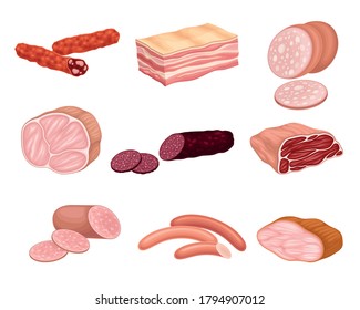 Meat Products with Salami, Bacon and Sausage Vector Set