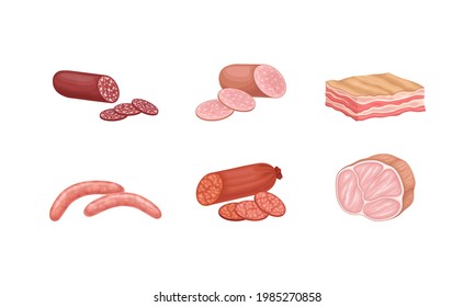 Meat Products with Salami, Bacon and Sausage Vector Set