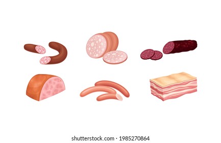 Meat Products with Salami, Bacon and Sausage Vector Set