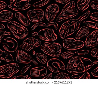 Meat products seamless background. Barbecue or grill food concept pattern. Vector illustration