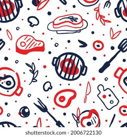 Meat Products Seamless Pattern, Barbeque Related Symbols Background, Banner, Wallpaper, Textile, Packaging Design Vector Illustration