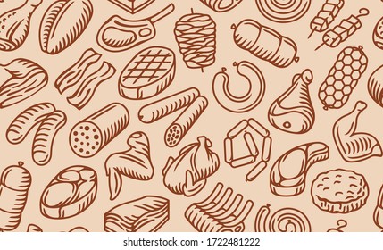 Meat And Meat Products Seamless Pattern For Butchers, Restaurans, Cafe, Groceries.