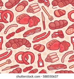 Meat products seamless pattern. Cute hand drawn illustration of different types of meat. Doodle texture with sausages and wurst in cartoon style. Perfect background for wrapping and packaging