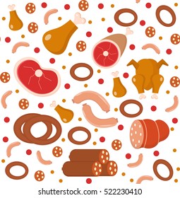 Meat products seamless pattern, flat style. Meats and sausage endless background, texture. Vector illustration