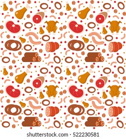 Meat products seamless pattern, flat style. Meats and sausage endless background, texture. Vector illustration