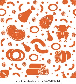 Meat products seamless pattern, flat style. Meats and sausage endless background, texture. Vector illustration.