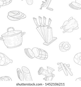 Meat Products Seamless Pattern, Hand Drawn Design Element Can Be Used for Wallpaper, Packaging, Background Vector Illustration