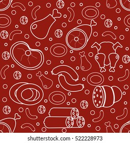 Meat products seamless pattern, modern line, doodle, sketch style. Meats and sausage endless background, texture. Vector illustration