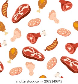 Meat products seamless pattern. Sausages, chicken, legs, steak, chop. Meat food background. For restaurants, shop menus, fabric, packaging, design or decor. Hand draw Vector illustration.