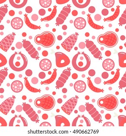 Meat products seamless pattern. Sausages and ham design. Cartoon slice of steak vector illustration. Barbecue set. Pork and beef meat elements. Flat agriculture collection. Meat Pattern.