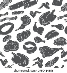 Meat products seamless pattern vector monochrome glyph isolated background. Chicken, sausage and other farm market barbecue products food illustration in engraved style