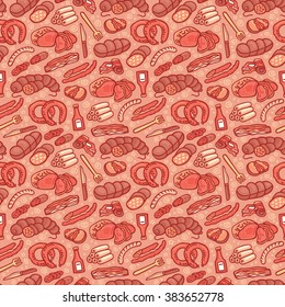 Meat products seamless pattern in vector. Cute hand drawn motif with different types of meat. Doodle texture with sausages and wurst in cartoon style. A background for wrapping and package of meat 