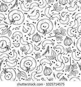 Meat products and seasonings. Vector Food background. Sausages Seamless pattern. Hand drawn Frankfurters and Spices (black peppercorns, caraway seeds, garlic, parsley, bay leaf