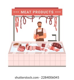 Meat products seller in street stall or kiosk. Isolated small shop with variety of sausages, pork and poultry. Tasty meal flat cartoon, vector illustration