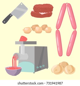 Meat products set of cartoon delicious barbecue kebab variety delicious gourmet meal assortment slice lamb cooked vector illustration